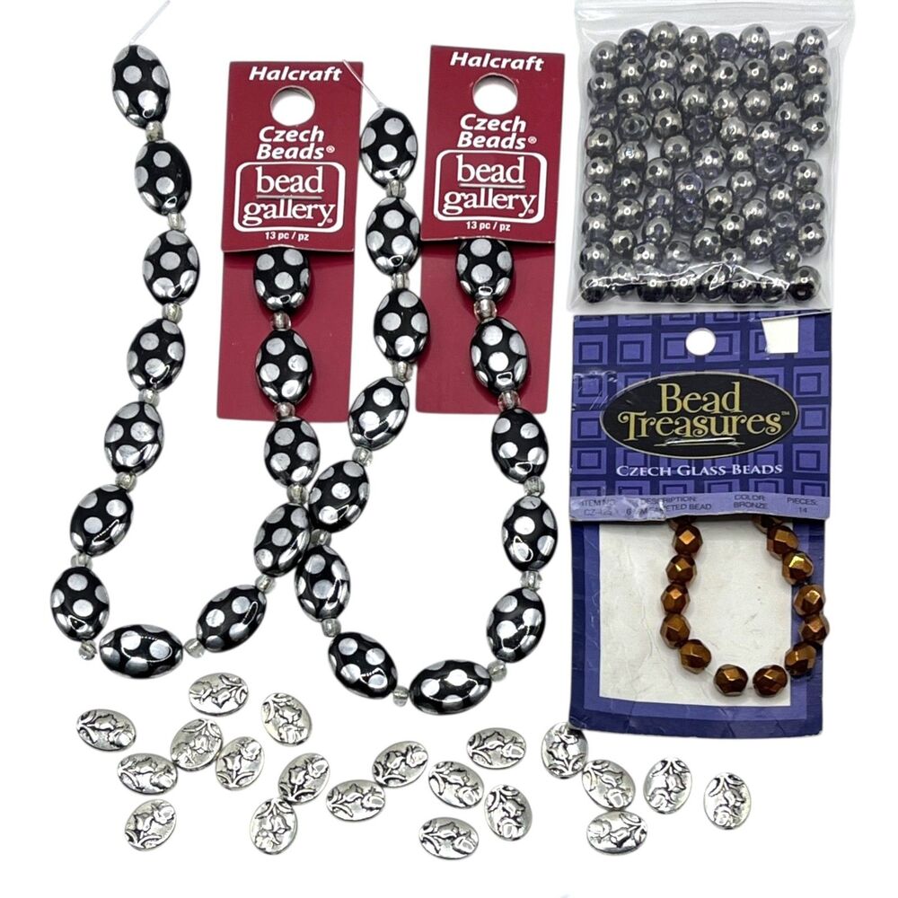 Mixed Lot Metallic Beads Czech Oval Glass Metal Jewelry Making Silver Tone Dot